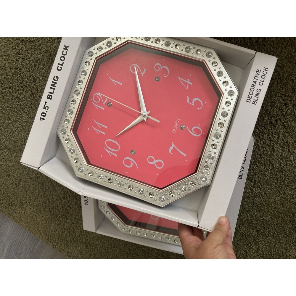 NEW in BOX Decorative Neon Pink & Silver with Faux Diamonds Analog 10.5 in Clock - Picture 3 of 3
